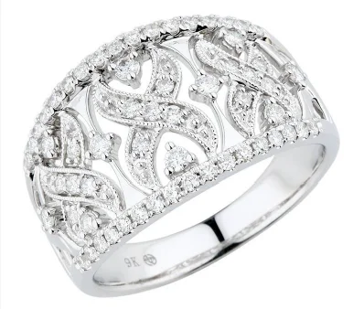 Channel - Set Women's Diamond Rings with Diamonds Securely Held in a Metal Groove for Durability14KWG BR 0.54CTW DIA OPEN FILLIGREE "X" DESIGN TAPERED BAND.