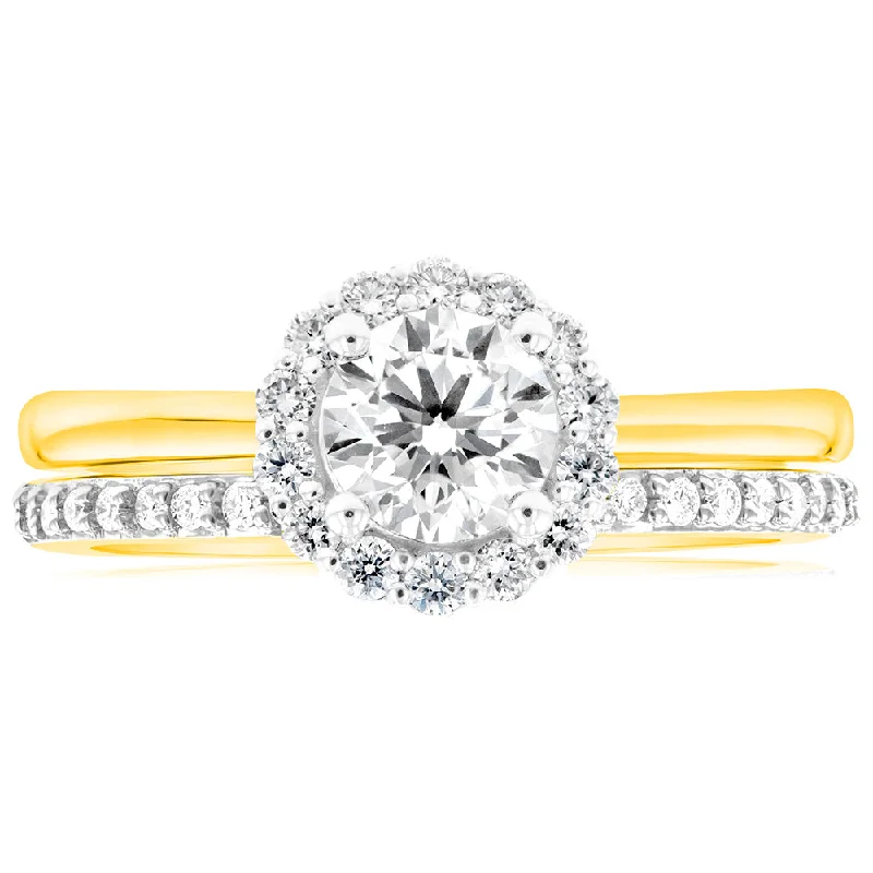 Cathedral - Style Women's Diamond Rings with a Raised Center Setting and Elaborate MetalworkLuminesce Lab Grown Diamond 1 Carat Bridal Set in Halo Design set in 18ct Yellow Gold