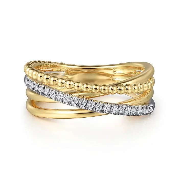 Stackable Fashion Rings in Rose - Gold Tone with Delicate Floral EngravingsGabriel & Co. Bujukan Diamond Criss Cross Ring in 14K Yellow and White Gold