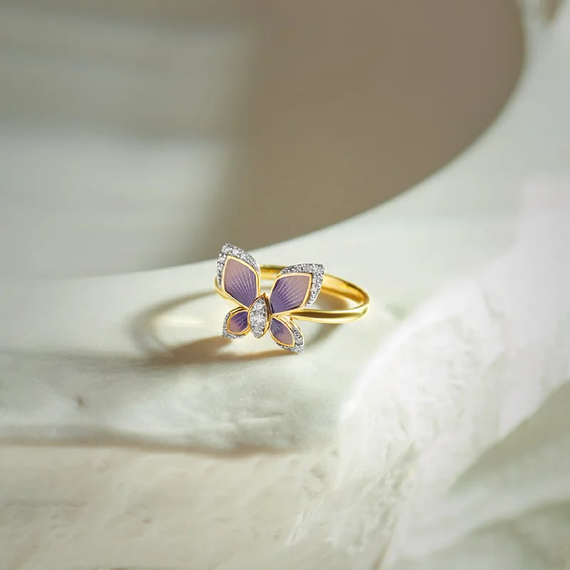 Minimalist Fashion Rings in Stainless Steel with a Single Solitaire CrystalEnamel Butterfly Ring