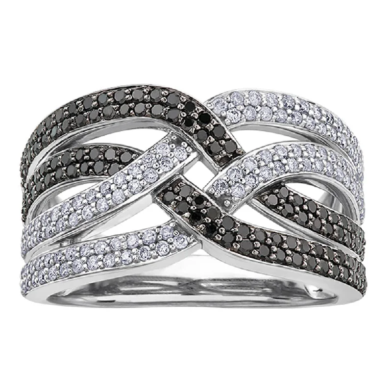 Art Deco - Inspired Women's Diamond Rings with Geometric Designs and Baguette - Cut DiamondsCriss Cross White and Black Diamond Ring