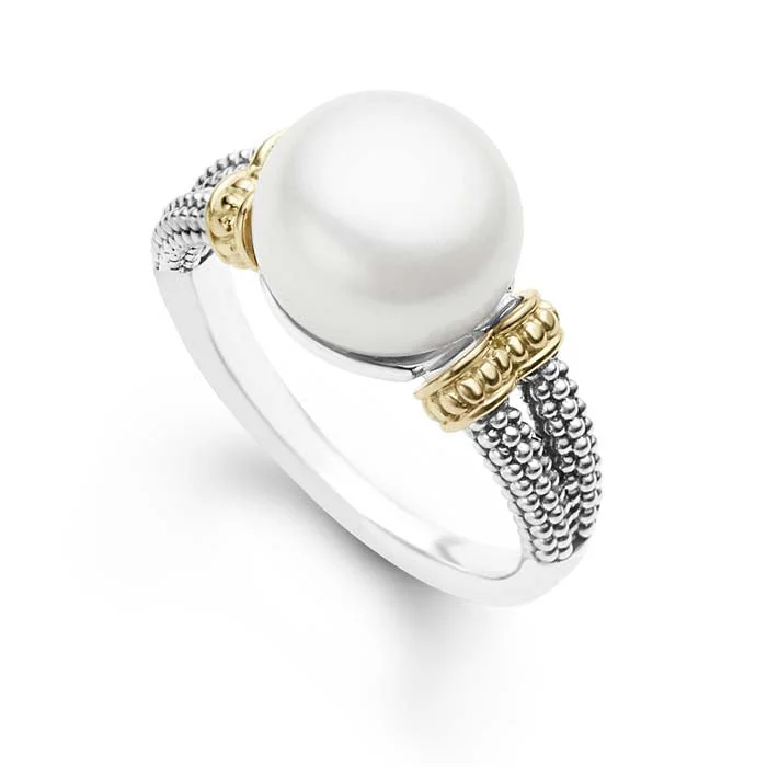 Enamel - Coated Fashion Rings in Bright Colors with Animal - Print PatternsLAGOS Luna Button Pearl Small Ring in Sterling Silver and 18K Yellow Gold