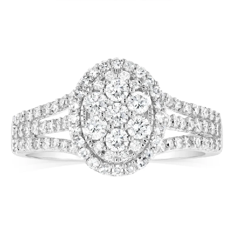 Halo - Style Women's Diamond Rings with a Center Diamond Surrounded by Smaller Diamonds in 18K GoldLuminesce Lab Grown 1Carat Diamond Ring in 9ct White Gold