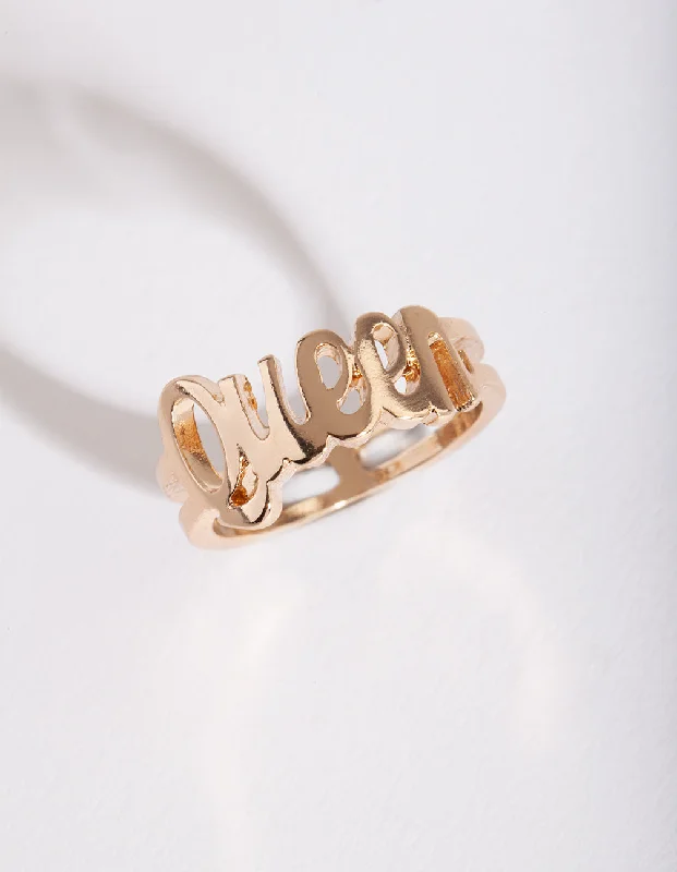 Fashion Rings with Initial Charms in Silver - Plated Metal for a Custom AccessoryGold "Queen" Script Ring