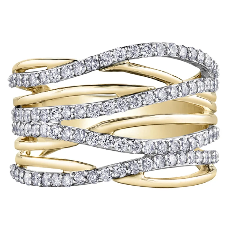 Halo - Style Women's Diamond Rings with a Center Diamond Surrounded by Smaller Diamonds in 18K GoldCriss-Cross Style Band