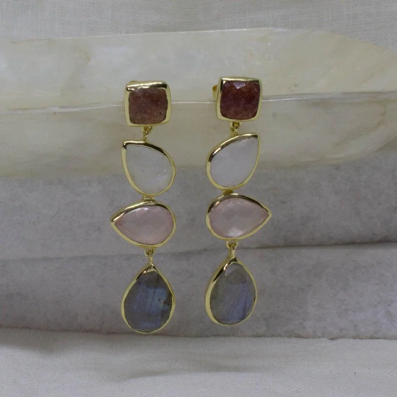 Magnetic - Back Stud Earrings in Black for Easy and Comfortable Wear18ct Gold Vermeil Quartz, Moonstone and Labradorite Drop Earrings