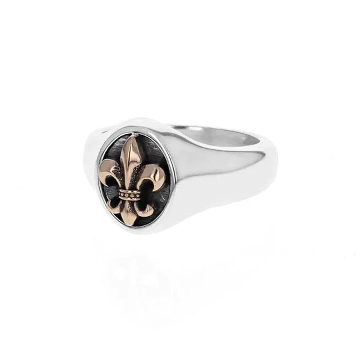 Adjustable Fashion Rings in Leather and Brass with a Tribal - Inspired DesignKing Baby Fleur- De- Lis Ring with Gold Alloy in Sterling Silver