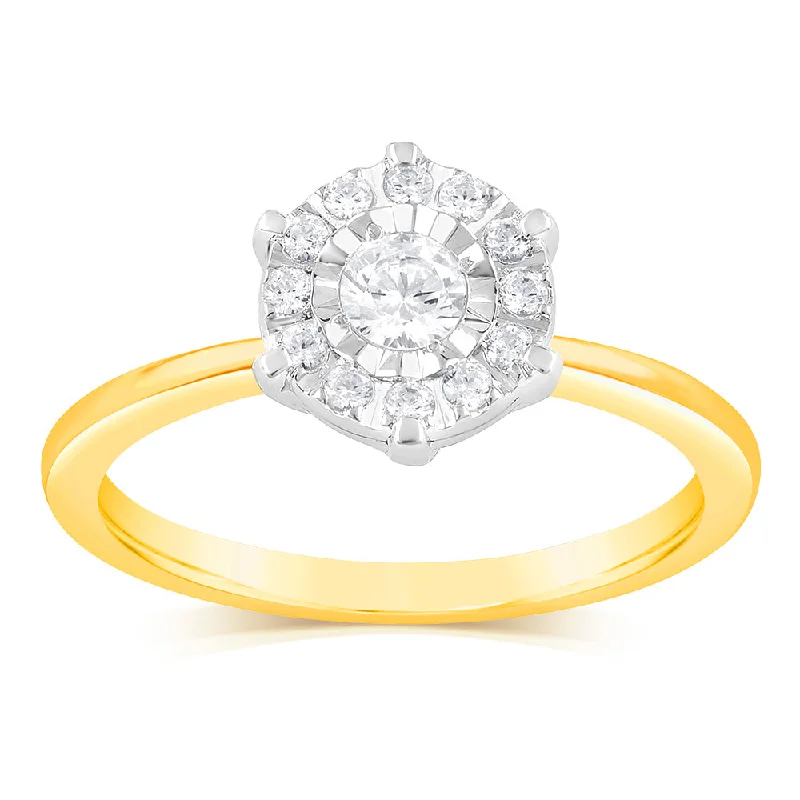 Halo - Style Women's Diamond Rings with a Center Diamond Surrounded by Smaller Diamonds in 18K GoldLuminesce Lab Grown 9ct Yellow Gold "2.25 Carat Look" 1/2 Carat Diamond Ring