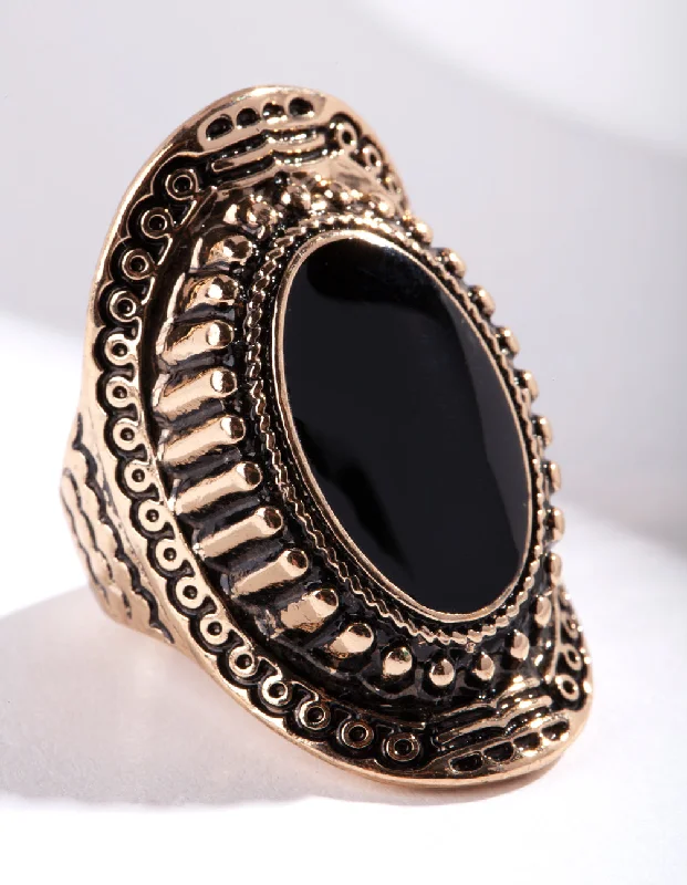 Bohemian - Style Fashion Rings with Turquoise and Silver Filigree for a Free - Spirited LookAntique Gold Oval Etched Border Ring