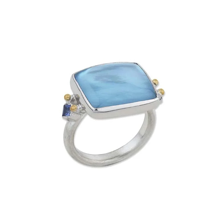 Beaded Fashion Rings in Natural Stones and Cotton Cord for a Handmade AestheticLika Behar "Kami" Ring with Sky Blue Topaz and Mother of Pearl Doublet and Blue Sapphires in 24K Yellow Gold and Sterling Silver