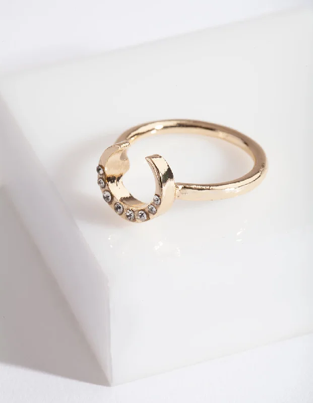 Rhinestone - Embellished Fashion Rings in Silver - Tone Metal for a Glamorous TouchGold Horseshoe Diamante Ring