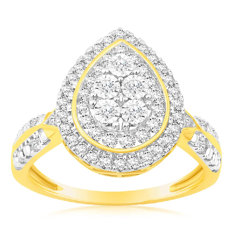 Cathedral - Style Women's Diamond Rings with a Raised Center Setting and Elaborate MetalworkLuminesce Lab Grown 9ct Yellow Gold Pear Shaped Ring in 56 Brilliant Cut Diamonds