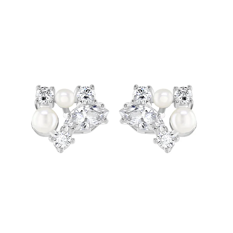 Pearl - Set Minimalist Stud Earrings in White for a Classic and Elegant AppearanceSterling Silver Button Pearl and Cubic Zirconia Stud Earrings