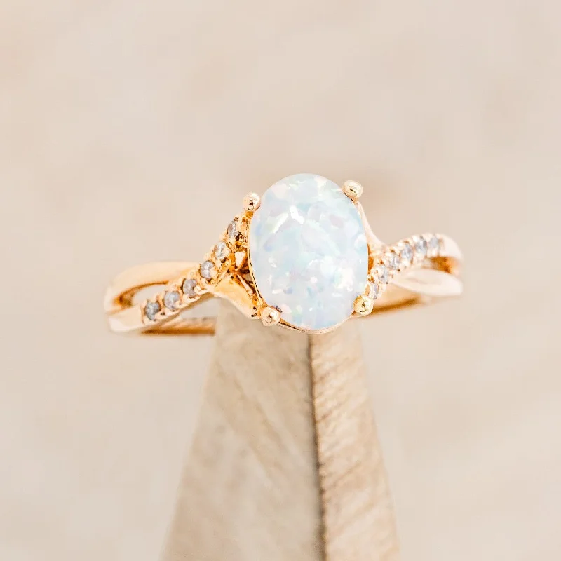 Men's Turquoise Engagement Rings in 925 Silver with a Southwestern - Inspired Band"ROSLYN" - OVAL CABOCHON CUT WHITE OPAL ENGAGEMENT RING WITH DIAMOND ACCENTS