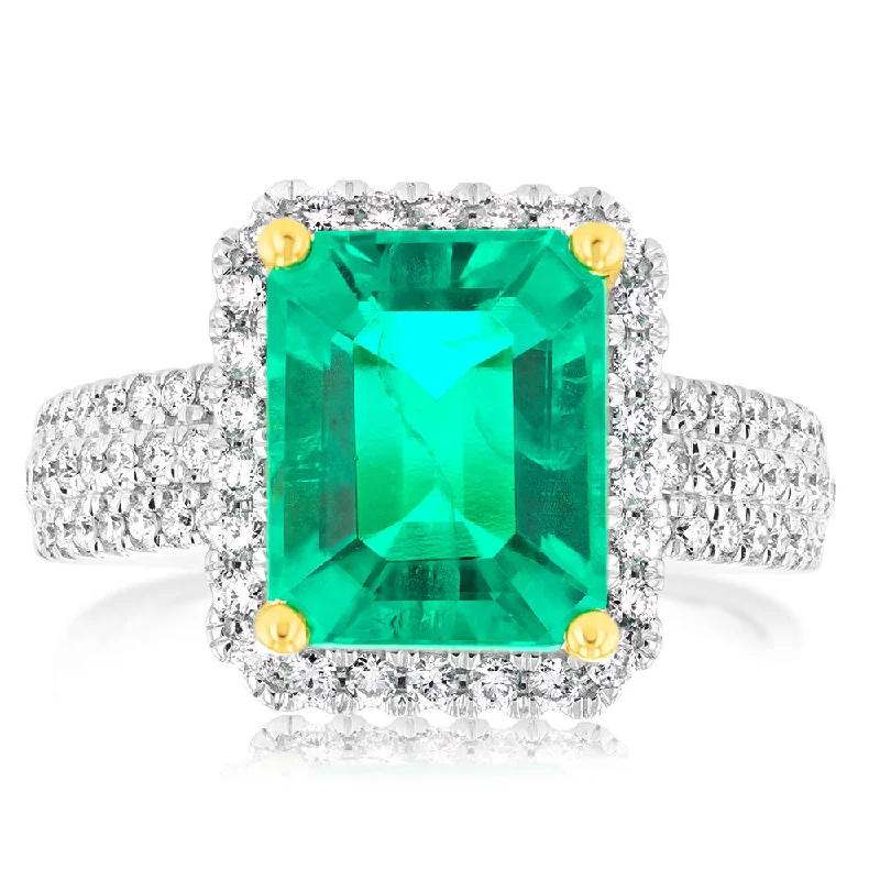 Cathedral - Style Women's Diamond Rings with a Raised Center Setting and Elaborate MetalworkLuminesce Lab Grown 0.45Carat Diamond with Created Emerald in 9ct Yellow Gold