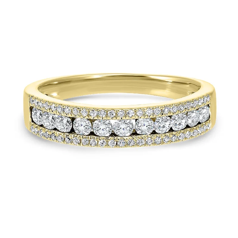 Cushion - cut diamond engagement ring with a halo of moissanite in a silver - plated bandTriple Row Diamond Band in Yellow Gold- 1.00 twt.