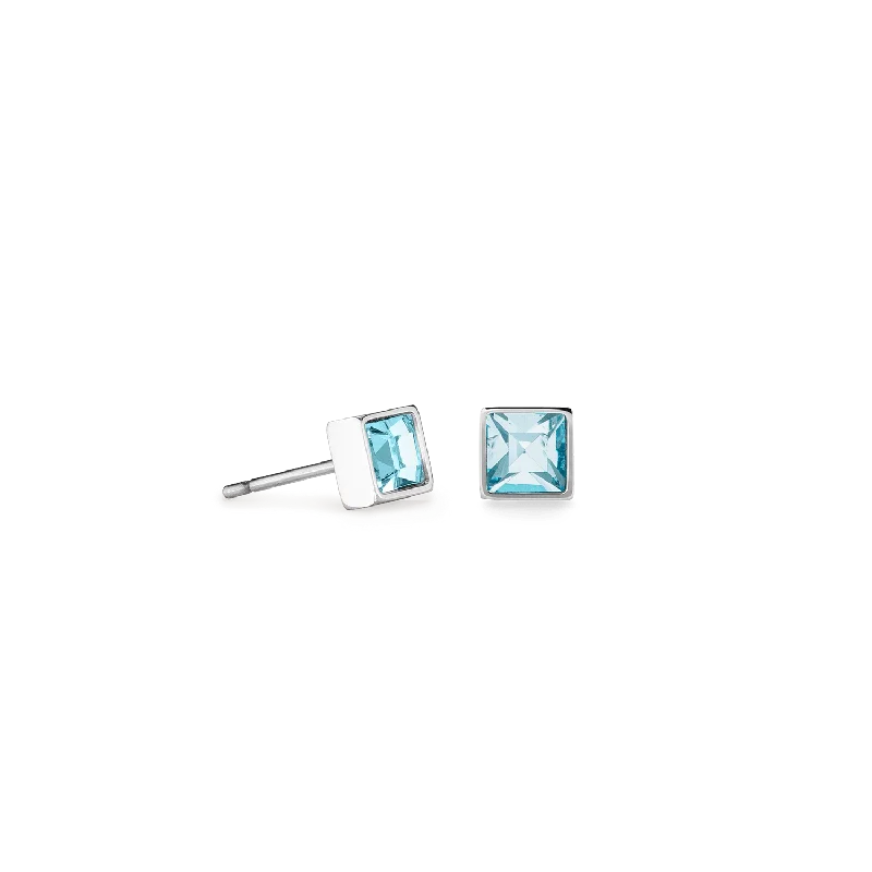 Men's Stainless Steel Skull Stud Earrings with Black Enamel for an Edgy and Rock - Inspired StyleCoeur De Lion Brilliant Square Silver and Aqua Crystal Stud Earrings