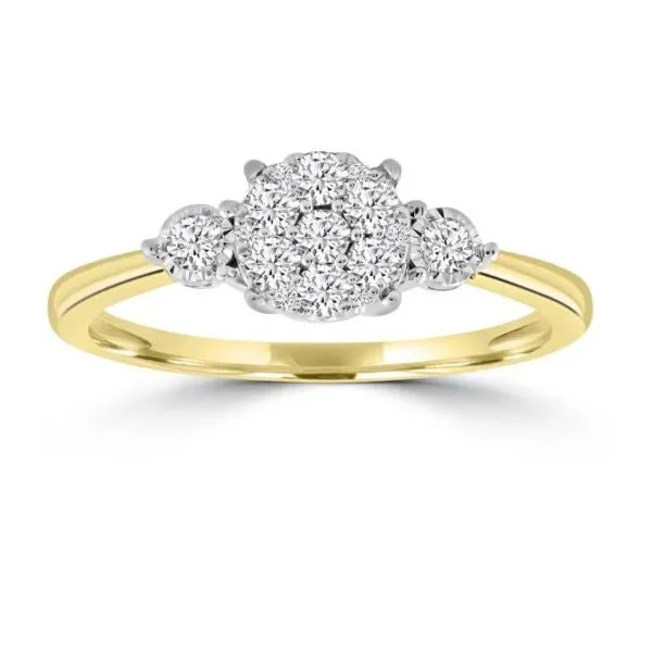 Halo - Style Women's Diamond Rings with a Center Diamond Surrounded by Smaller Diamonds in 18K Gold9ct Yellow Gold Diamond Trilogy Halo Ring