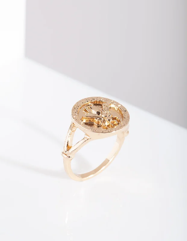 Stackable Fashion Rings in Rose - Gold Tone with Delicate Floral EngravingsGold Bee Coin Ring