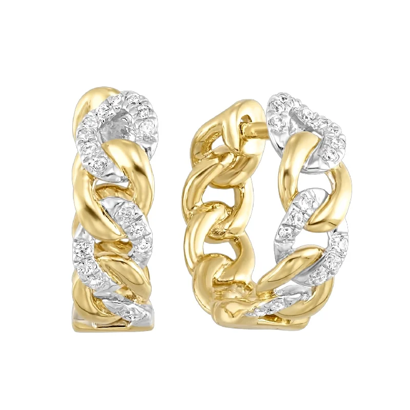 Round - cut diamond engagement ring with a twisted band design in 14K white goldDiamond Link Hoop Earrings in Yellow Gold