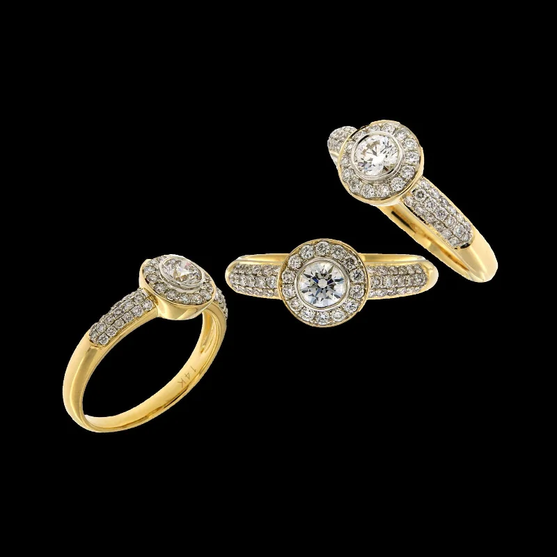 Vintage - Style Women's Diamond Rings with Floral - Engraved Bands and Multiple Diamond Accents14K YG Solitaire with Side Diamond Ring-1pc