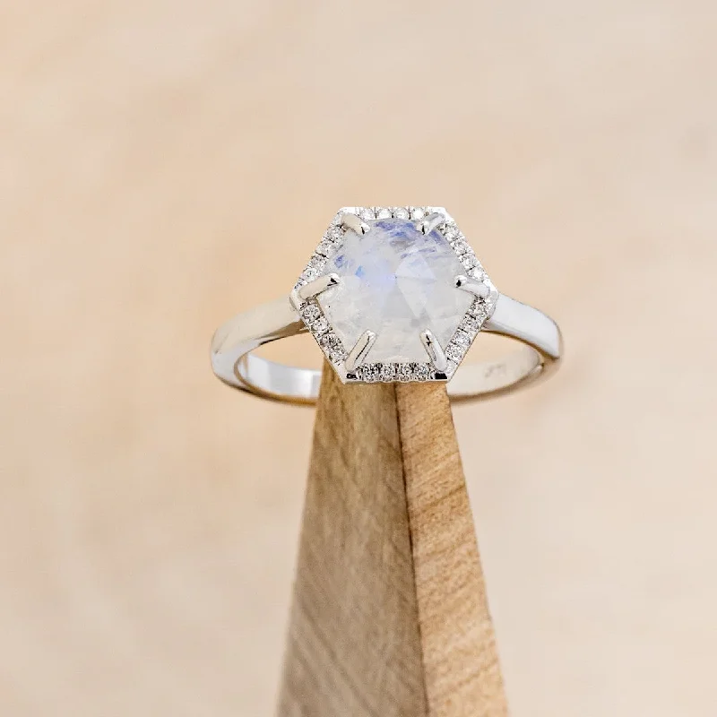 Men's Topaz Engagement Rings in 10K Gold with a Channel - Set Diamond BandHEXAGON MOONSTONE ENGAGEMENT RING WITH DIAMOND HALO