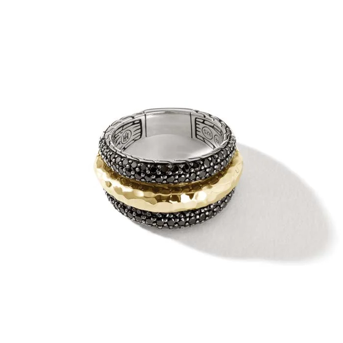 Beaded Fashion Rings in Natural Stones and Cotton Cord for a Handmade AestheticJohn Hardy Palu Dome Classic Chain Hammered Ring with Black Sapphires and Black Spinel in Sterling Silver and 18K Yellow Gold