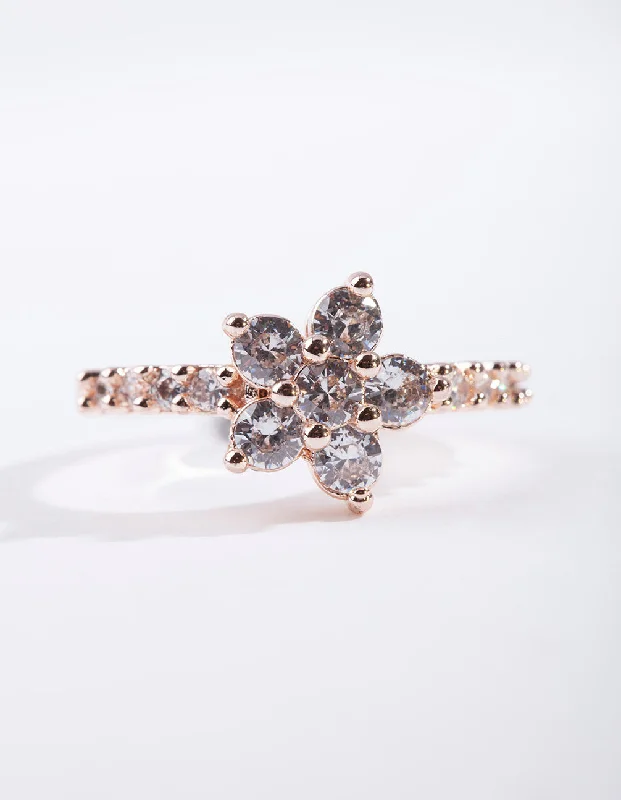 Rhinestone - Embellished Fashion Rings in Silver - Tone Metal for a Glamorous TouchRose Gold Cubic Zirconia Flower Ring