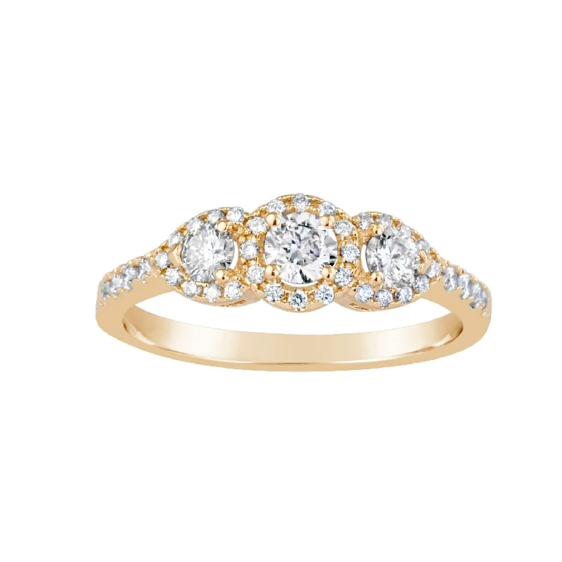 Cathedral - Style Women's Diamond Rings with a Raised Center Setting and Elaborate Metalwork9ct Yellow Gold Diamond Set Halo Trilogy Ring