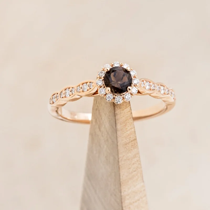 Men's Agate Engagement Rings in Sterling Silver with a Mosaic - Style Inlay"DAISY" - ROUND CUT SMOKY QUARTZ ENGAGEMENT RING WITH DIAMOND HALO & ACCENTS