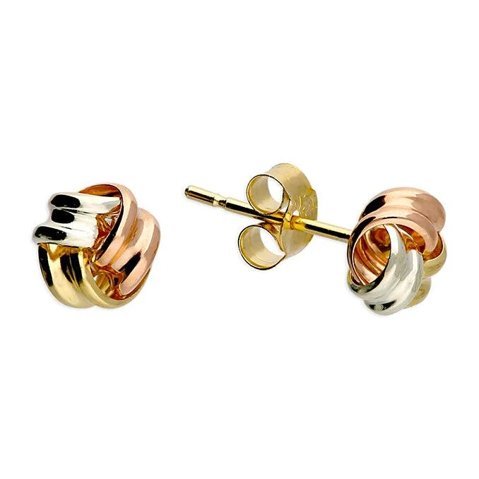 Adjustable - Back Crystal Stud Earrings in Clear for a Sparkling and Versatile Piece9ct Gold Three Coloured Knot Stud Earrings