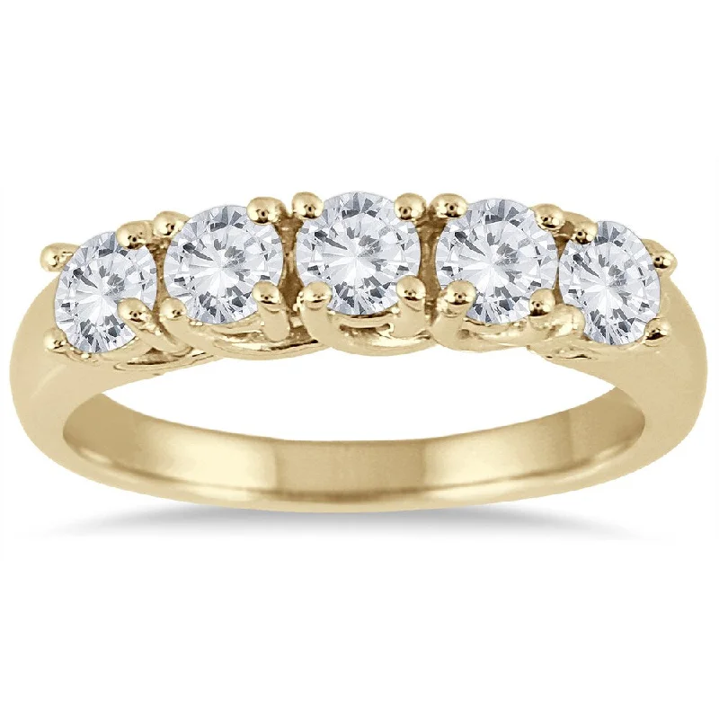 Vintage - Style Women's Diamond Rings with Floral - Engraved Bands and Multiple Diamond AccentsMarquee Jewels 14K Yellow Gold 1 CTW Prong Set 5-stone Diamond Band