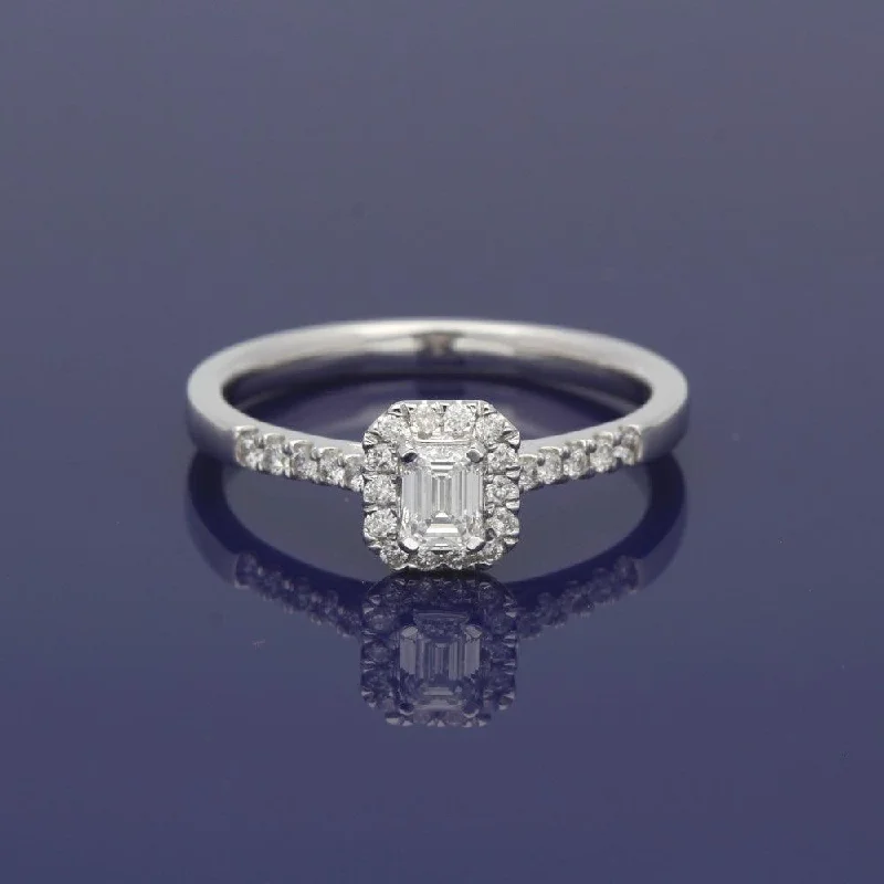 Signature - Design Women's Diamond Rings with a Brand - Specific Pattern and High - Quality Diamonds18ct White Gold Certificated Emerald Cut Diamond Halo Ring