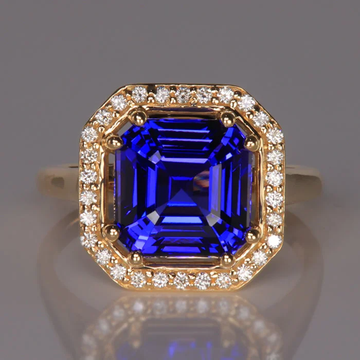 Men's Alexandrite Engagement Rings in Platinum with a Hidden Halo of Diamonds14K Yellow Gold 5.54 Carat Square Step Tanzanite and Diamond Ring