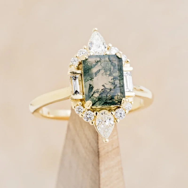 Men's Citrine Engagement Rings in Stainless Steel with a Stackable Band Design"NEFERTITI" - EMERALD-CUT MOSS AGATE ENGAGEMENT RING WITH DIAMOND ACCENTS