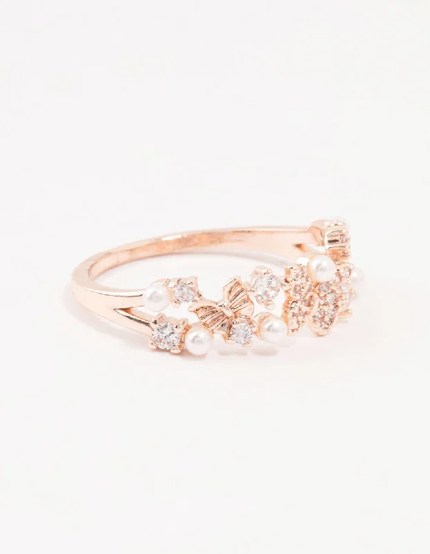 Stackable Fashion Rings in Rose - Gold Tone with Delicate Floral EngravingsRose Plated Gold Butterfly Pearl Band Ring