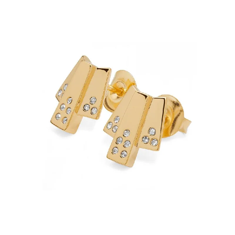 Rhinestone - Embellished Crown - Shaped Stud Earrings for a Princess - Inspired LookArt Deco Triple Layer Studs in Gold