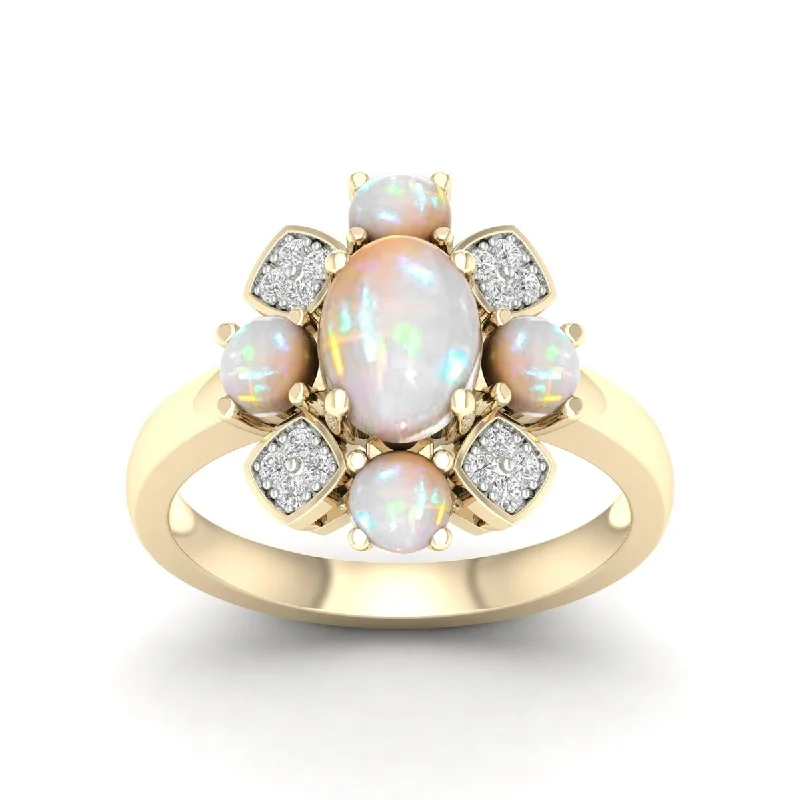 Women's Diamond Rings with Opal Inlays and Diamond Accents for a Mysterious and Iridescent Look10K Yellow Gold Oval Cut Ethiopian Opal Gemstone and 1/10Ct Diamond Cocktail Ring