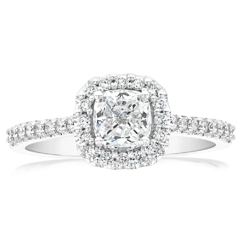 Cathedral - Style Women's Diamond Rings with a Raised Center Setting and Elaborate MetalworkLuminesce Lab Grown 18ct White Gold 1 Carat Diamond Cushion Halo Ring