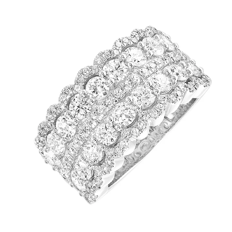 Radiant - cut diamond engagement ring with a bezel - set center stone in 18K yellow goldLuxurious Scalloped Edge White Gold Diamond Band, 2.0 cttw