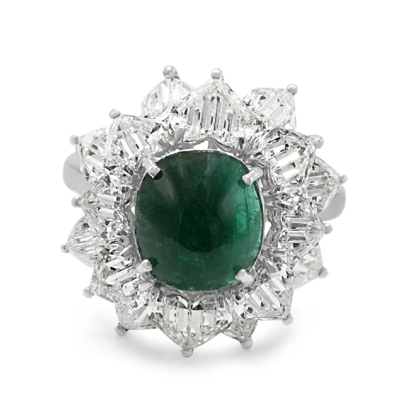 Cathedral - Style Women's Diamond Rings with a Raised Center Setting and Elaborate MetalworkCabachon Emerald & Faceted Heart Shaped Diamond Cluster Ring