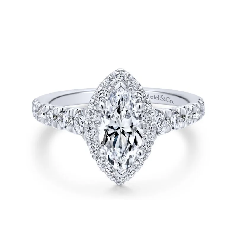 Pear - shaped diamond engagement ring with side baguette diamonds in 18K goldHazel Marquise Diamond Halo Engagement Ring Setting