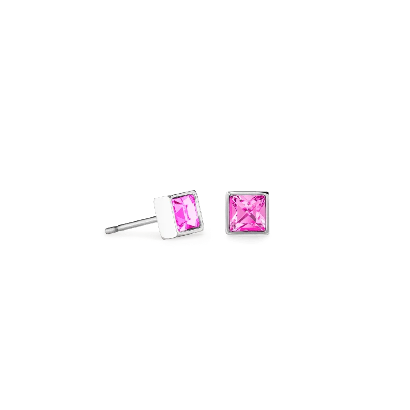 Pearl - Set Minimalist Stud Earrings in White for a Classic and Elegant AppearanceCoeur De Lion Brilliant Square Silver and Pink Crystal Stud Earrings