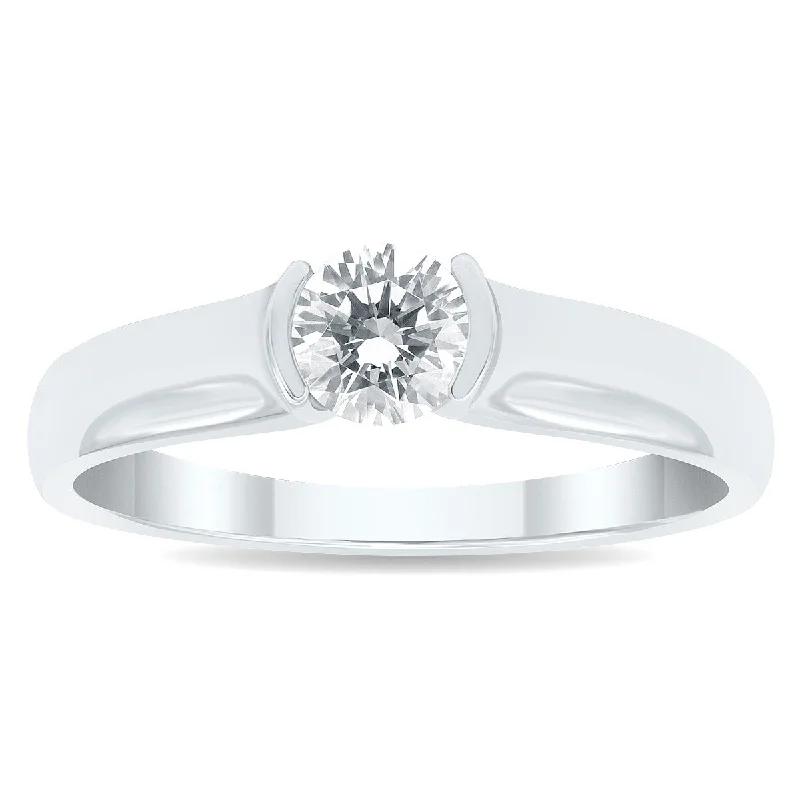 Cathedral - Style Women's Diamond Rings with a Raised Center Setting and Elaborate MetalworkAGS Certified 3/4 Carat Half Bezel Diamond Solitaire Ring in 10K White Gold