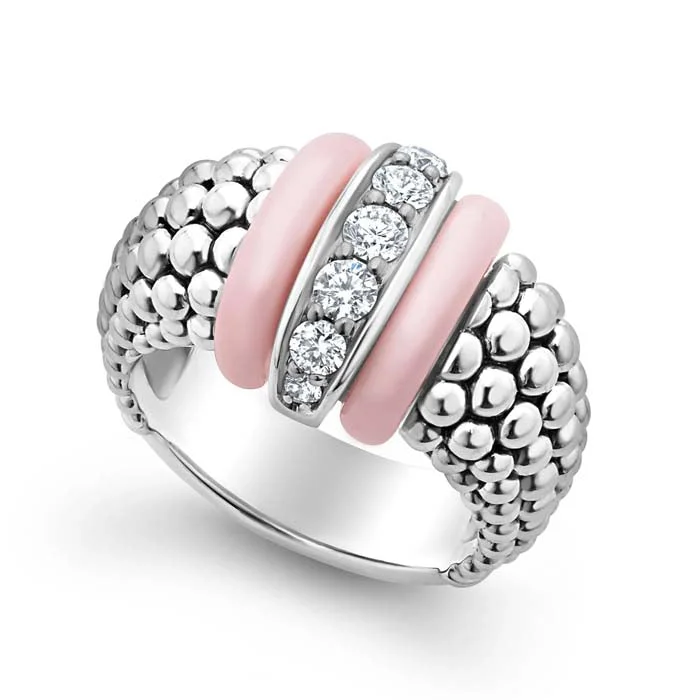 Geometric - Shaped Fashion Rings in Titanium with Iridescent InlaysLAGOS Pink Ceramic and Caviar Diamond Ring in Sterling Silver