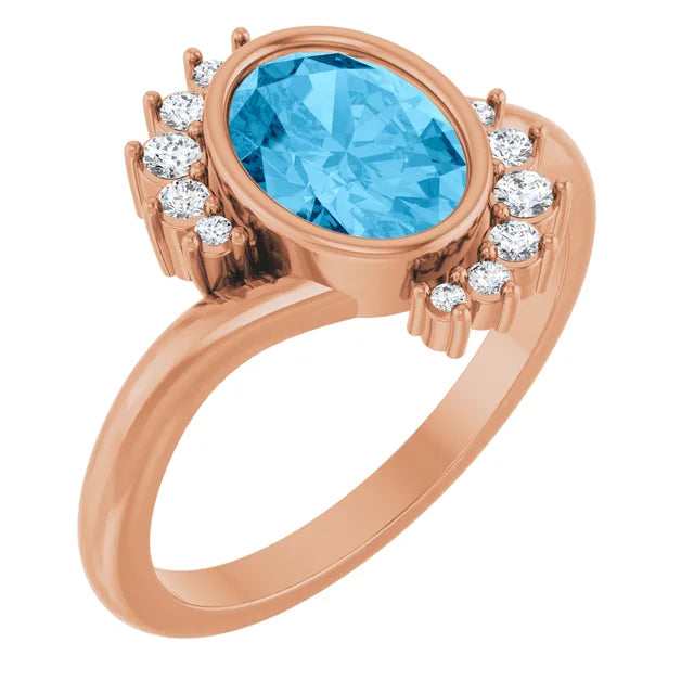 Men's Opal Engagement Rings in 10K Gold with a Milgrain - Trimmed Band14K Rose Natural Swiss Blue Topaz & 1/8 CTW Natural Diamond Ring