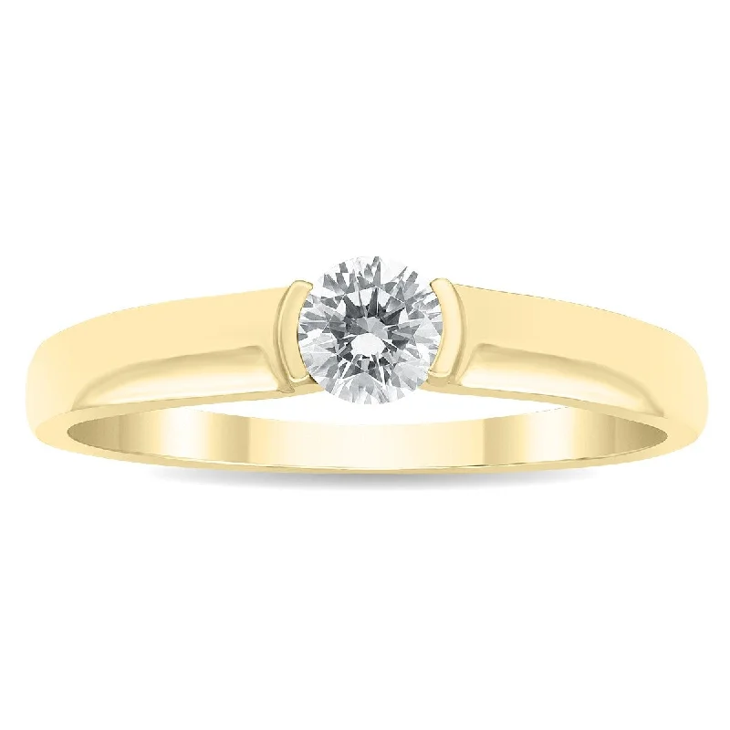 Three - Stone Women's Diamond Rings Symbolizing Past, Present, and Future with Emerald - Cut Diamonds1/3 Carat Half Bezel Diamond Solitaire Ring in 10k Yellow Gold