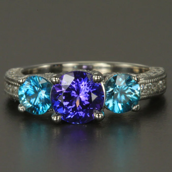 Men's Tanzanite Engagement Rings in Palladium with a Three - Stone ArrangementPlatinum Tanzanite and Blue Zircon Ring 1.32 Carats