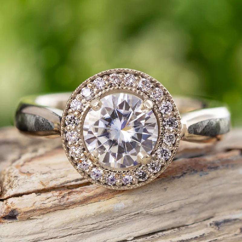 Men's Tanzanite Engagement Rings in Palladium with a Three - Stone ArrangementHalo Moissanite Engagement Ring, White Gold Ring with Meteorite