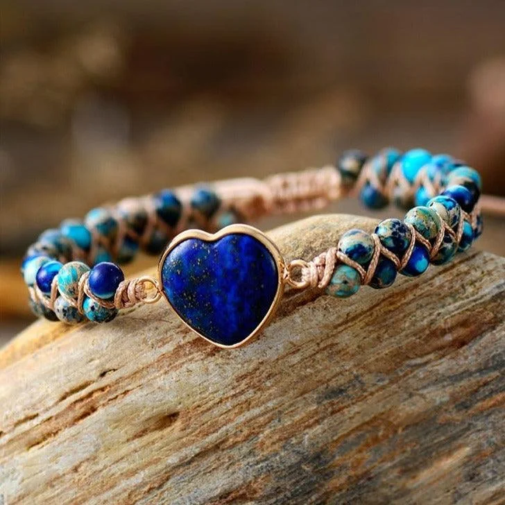 Stackable Women's Cuff Bracelets in Different Sizes and Materials for Layered StylingJasper Heart Charm Braided Bracelet - d. blue